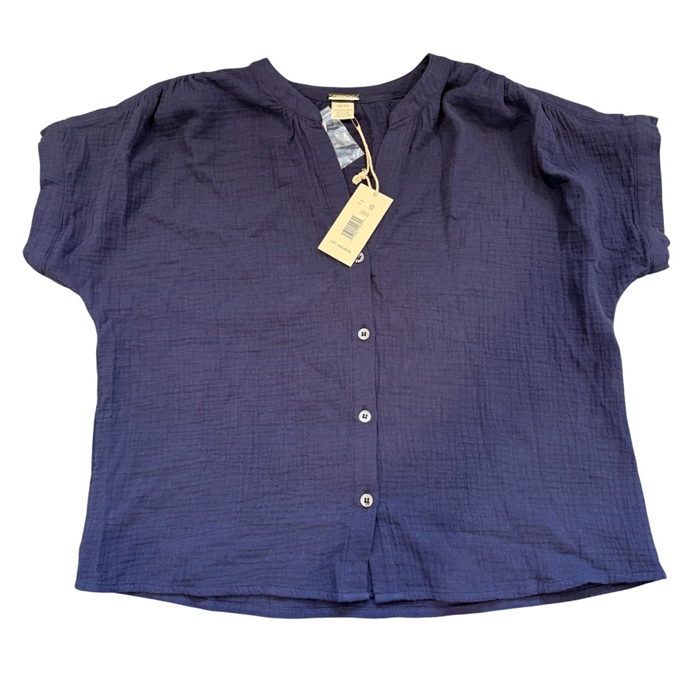 Magaschoni Navy Blue Organic Cotton Crinkle Gauze Button Front Top Womens XS New